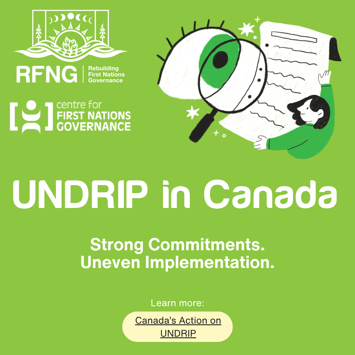 Graphic titled UNDRIP in Canada with a magnifying glass illustration
